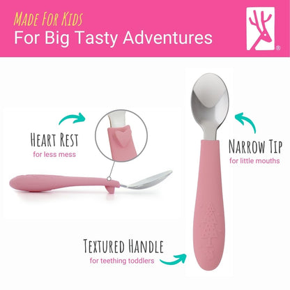 Elk and Friends Kids Silverware with Silicone Handle | Childrens Safe Flatware | Toddler Utensils | Baby Spoons + Forks | Stainless Steel Cutlery