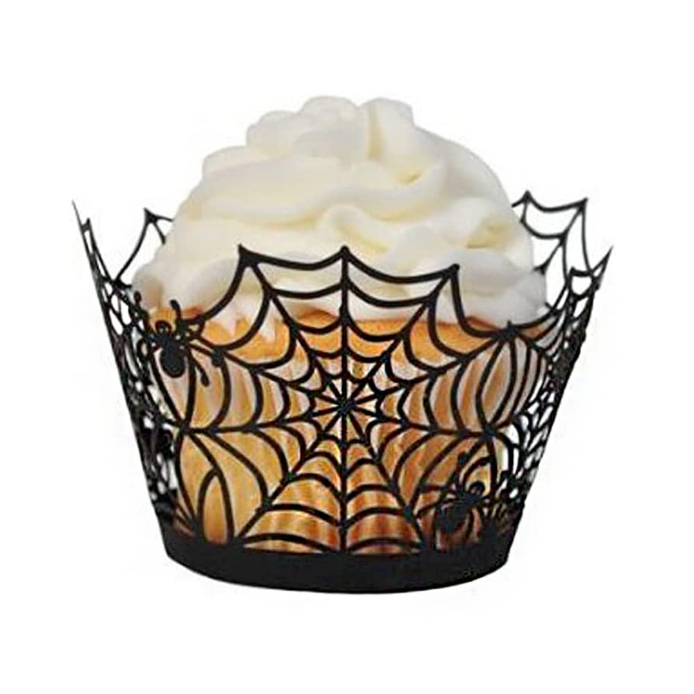 Cupcake Wrappers, Giveme5 Pack of 50 Halloween Party Spiderweb Laser Cut Paper Cupcake Wrappers Wraps Liners Black (50 Pack)