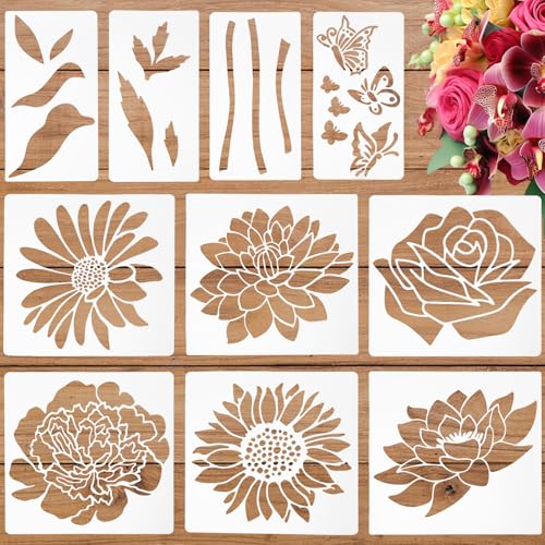 Large Flower Stencils for Painting - 10 Pcs Giant Floral Stencils with Rose & Daisy Designs for Walls, Fences & DIY Crafts