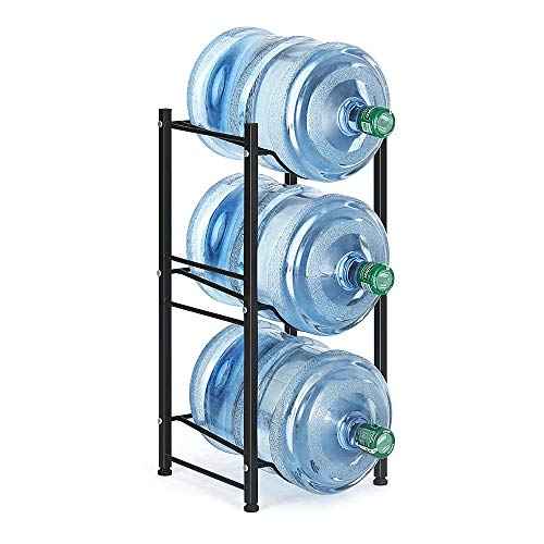 Water Bottle Storage Organizer - 5 Gallon Jug Holder Rack, 3-Tier Stackable Dispenser Stand for Office, Kitchen, Lobby, Foyer - Black