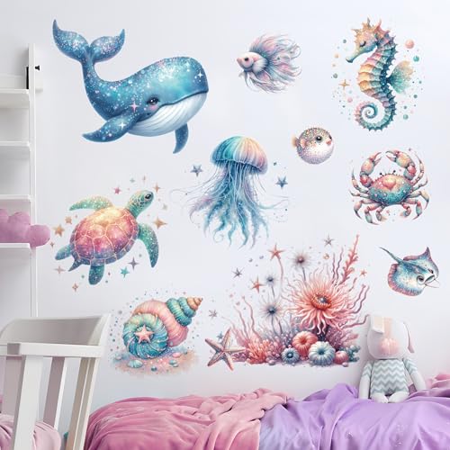 Under The Sea Wall Stickers Blue Ocean Fish Turtle Whales Wall Decals Cartoon Removable Underwater Sea Wall Stickers for Nursery Bedroom Living Room Watercolor Ocean Creatures Decor