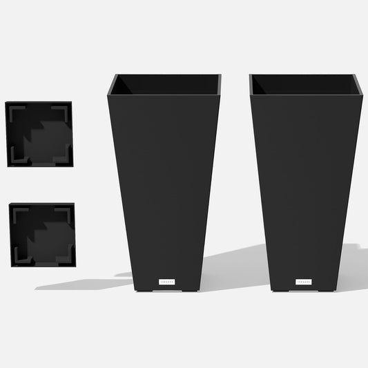 Veradek V-Resin Indoor/Outdoor Taper Planter (Black, 26 inch - 2 Pack with 2 Saucer Trays)