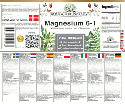Magnesium 6-1 Complex 1500 mg Daily | 400 mg Elemental Magnesium | Oxide, Bisglycinate, Malate, Taurate, Citrate & Aspartate | 180 Vegan Capsules | High Strength & Bioavailable