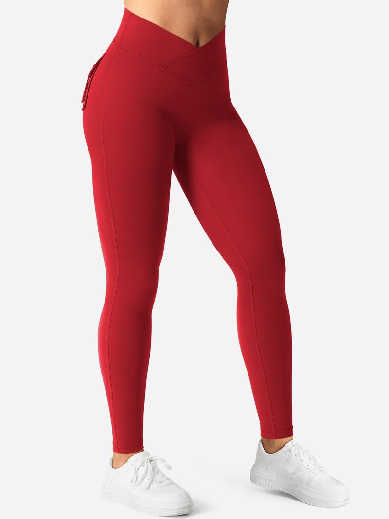 YEOREO Leggings with Pockets for Women Charm Scrunch Workout Leggings V Cross Waist Butt Lifting Gym Yoga Pants Red M
