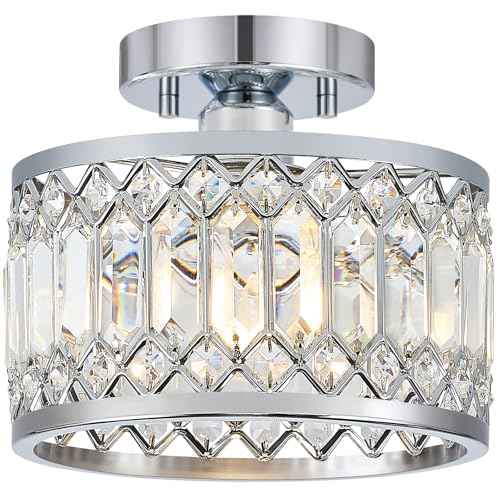 Crystal Chrome Ceiling Light, Modern Semi Flush Mount Ceiling Lighting Fixture, Round Hallway Lighting Fixtures for Entryway Kitchen Bedroom Laundry Room, 1-Light, 9 Inch