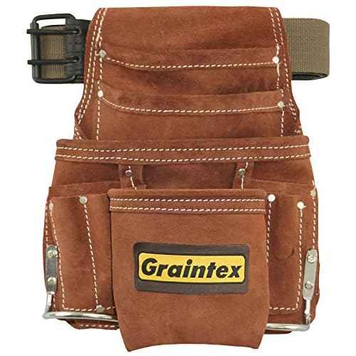 Graintex SS2976 10 Pocket Nail & Tool Pouch Brown Color Suede Leather with 2¡± Leather/Webbing Belt for Constructors, Electricians, Plumbers, Handymen