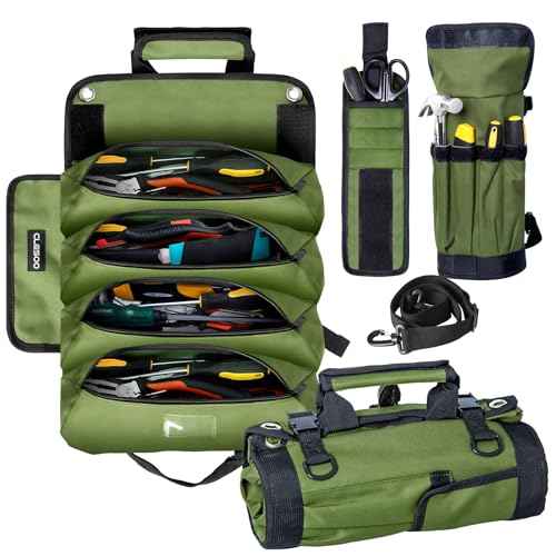 Roll Up Tool Bag Organizer 10 Pocket Tool Roll Heavy Duty Electrician Tool Bag for Men Dad Handyman Magnetic Wristband Mechanic Tool Storage Bag Rollup Pouch Car Tool Carrier Plumber Gadget Bag Green