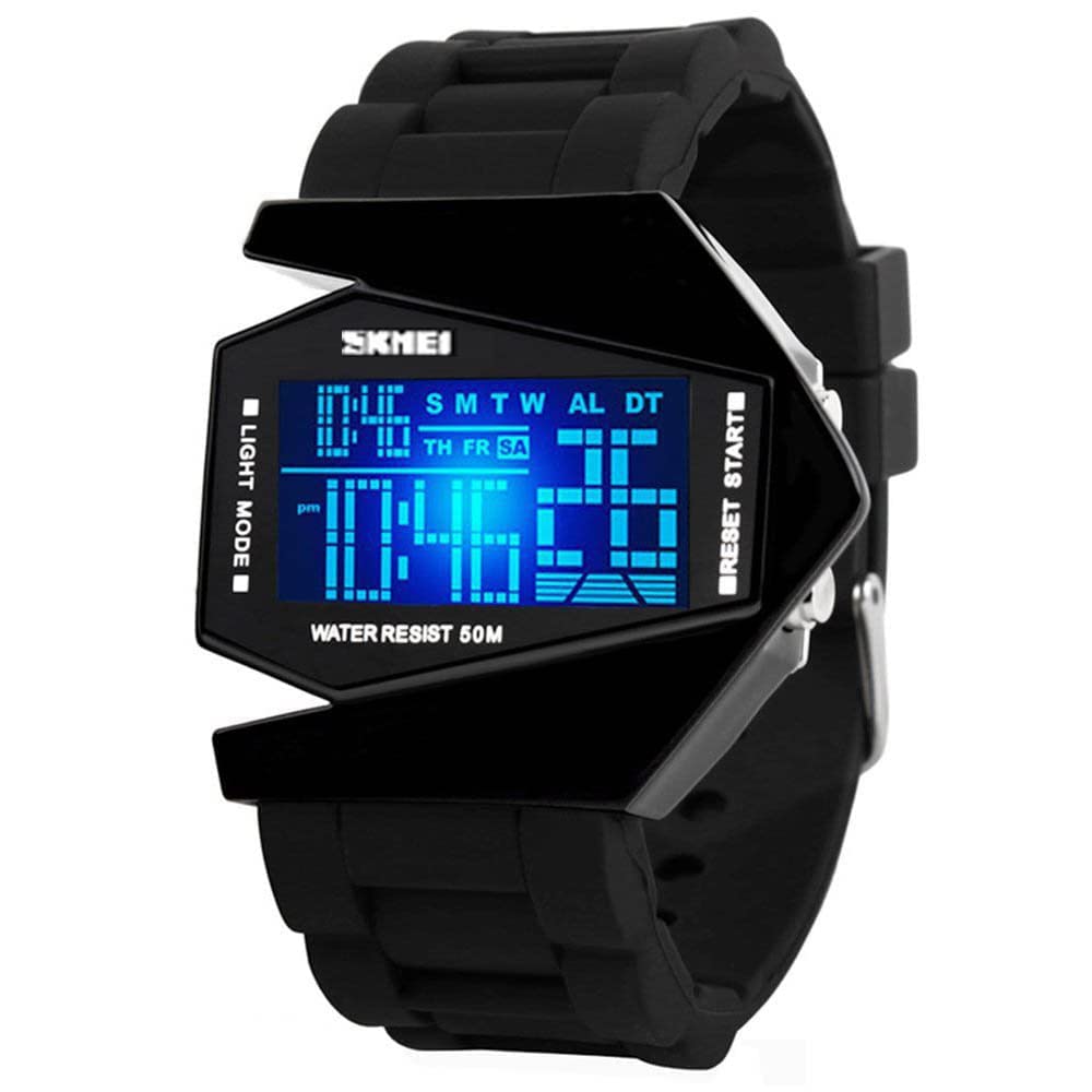 Gosasa Men Sports Military Watches Digital Airplane Shaped LED Colorful Light Watches (Black) (Black)