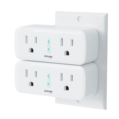 GHome Smart Plug, 15A WiFi Smart Outlet Compatible with Alexa & Google Home, Smart Surge Protector with Remote Control & Timer, Dual Sockets, No Hub Required, 2.4GHz WiFi Only, White, 2 Pack