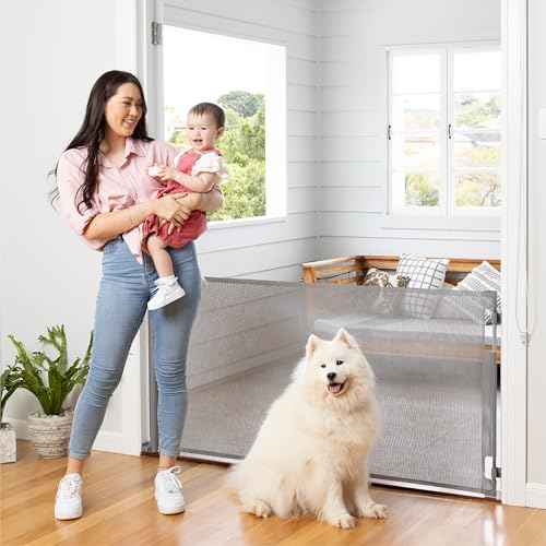 Retractable Baby Gate Perma Child Safety 33" Tall x 71¡± Wide, Mesh, for Stairs, Doorways, Dogs, Pets, Indoor, Outdoor, One-Handed Operation, Locking, Easy Install, Hardware Mount, Gray