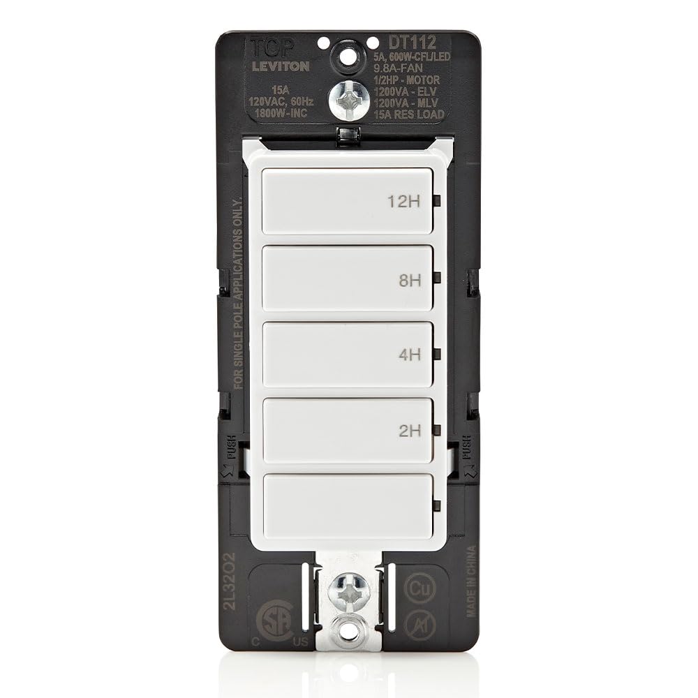Leviton Countdown Timer Switch for bathroom fan and household lights, 5-10-15-30 min, No Neutral Required, Single Pole, 15A, 1/2 HP/9.8A Fan/Motor, DT130-1LW, White