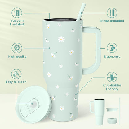 Daisy 40oz Tumbler with Handle and Straw – Flower Insulated Stainless Steel Travel Coffee Mug for Women Girls - Gift Idea for Birthday Christmas Mothers Day