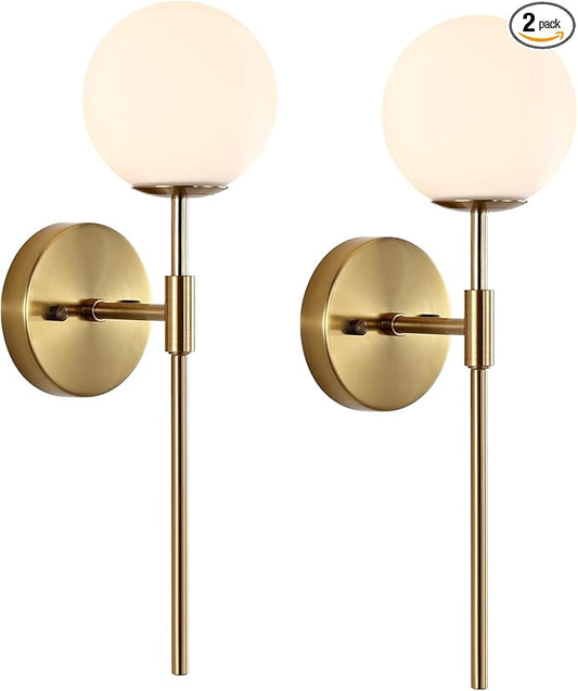 Gold Wall Sconce Set of 2 with White Globe Glass Shades Modern Mid Century Bathroom Vanity Wall Light Fixtures Industrial Brushed Brass Wall Lamp for Bedroom Mirror Living Room Restaurant
