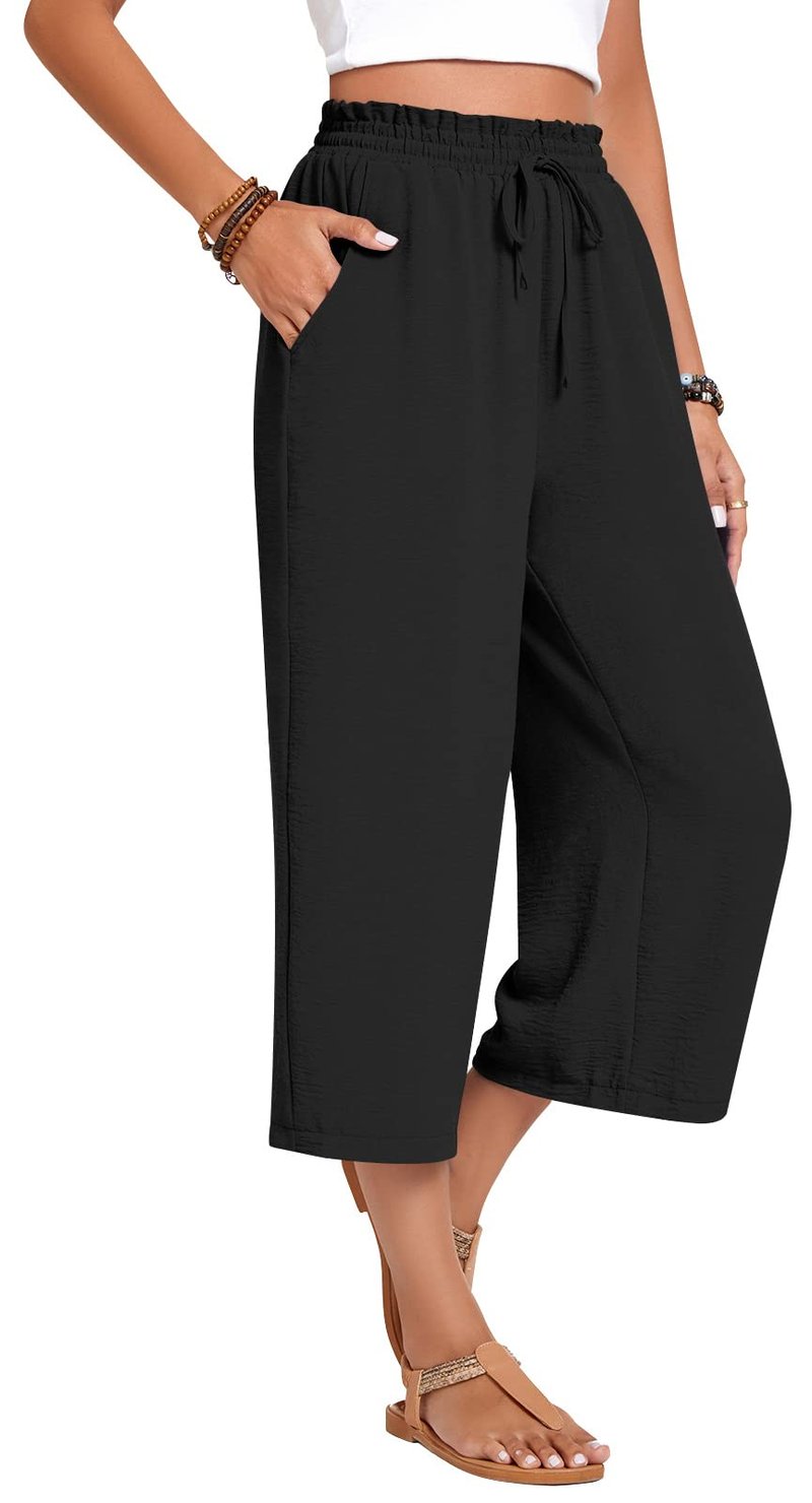 Anyhold Womens Capri Pants Loose High Waisted Wide Leg Lounge Pants Drawstring Casual Palazzo Trousers with Pockets X-Large, Black