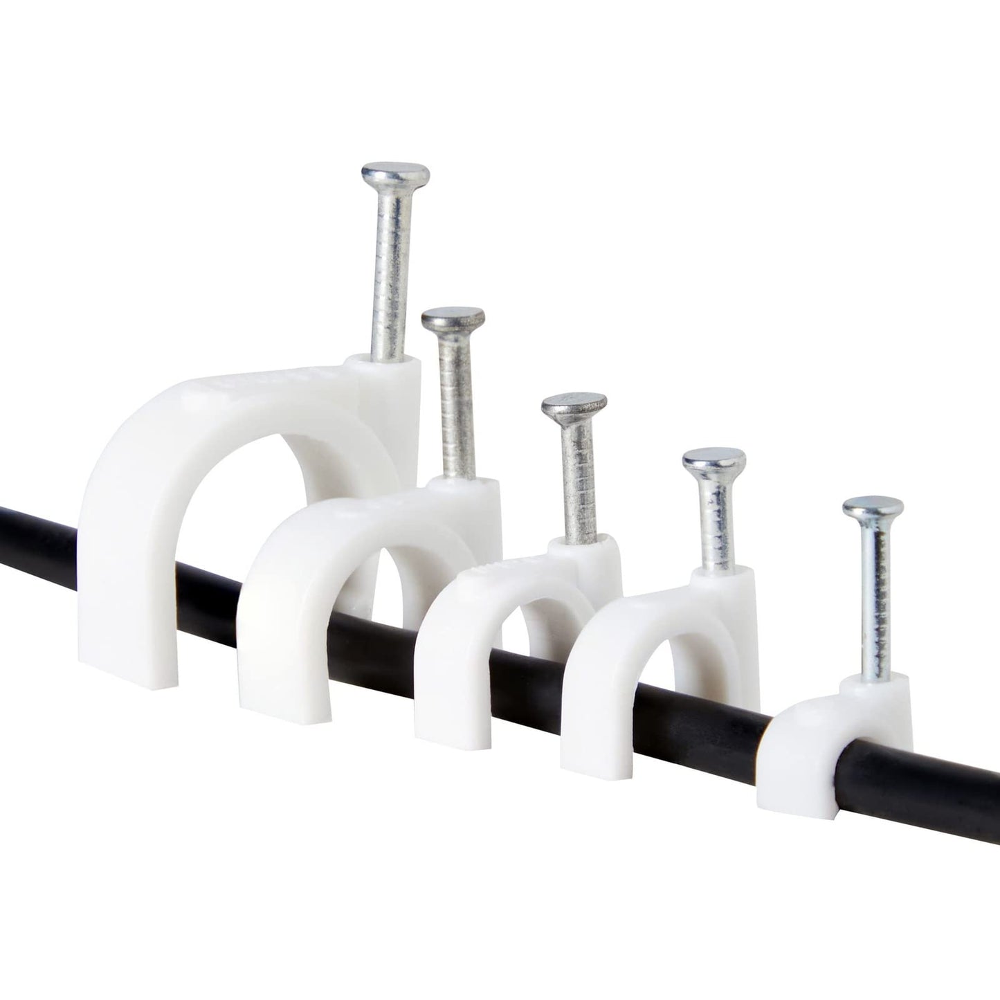 Juvale 500-Pack Round Cable Wire Clips for Wall Mounting, Extension Cord Holders, and Cable Management Staples in 5 Sizes for RJ45 Ethernet Connectors, Nails Included (4, 6, 8, 10 & 14mm, White)