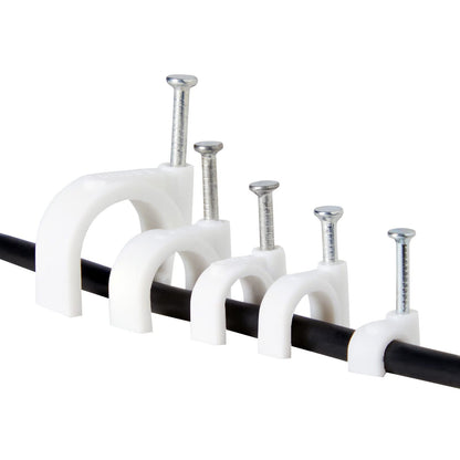 Juvale 500-Pack Round Cable Wire Clips for Wall Mounting, Extension Cord Holders, and Cable Management Staples in 5 Sizes for RJ45 Ethernet Connectors, Nails Included (4, 6, 8, 10 & 14mm, White)