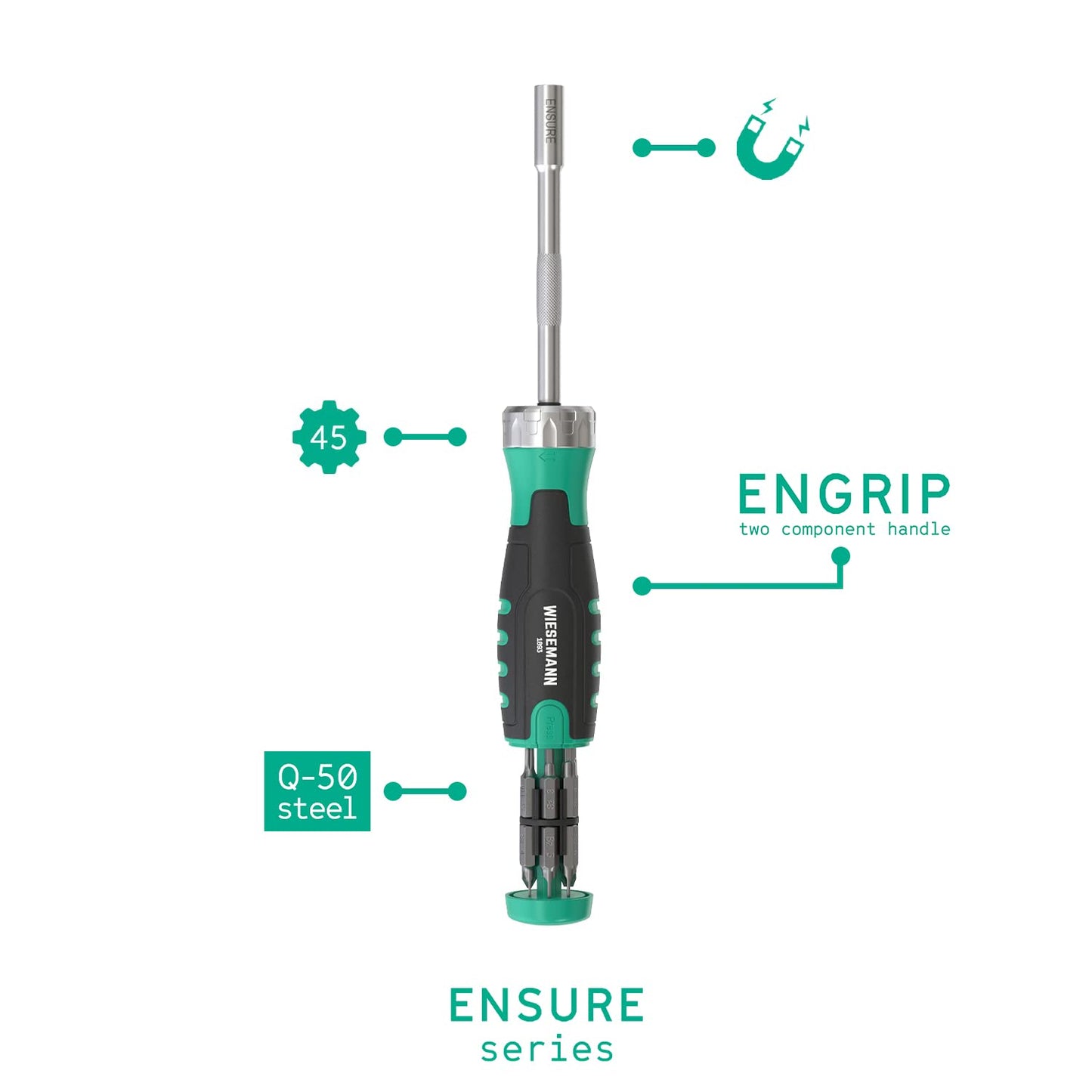 Ratchet Screwdriver with 12 TX, PH, SL and Hexagon bits 3-20mm in Handle by WIESEMANN 1893 I Screwdriver with Ratchet and Magnetic bit Holder I from The Ensure Series I 81307