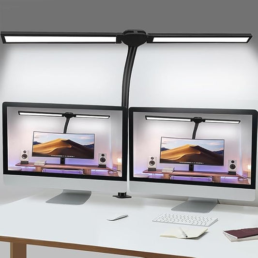 Double Head LED Desk Lamp for Office - Eye Caring Lamp with Clamp, Flexible Adjustable Lighting Gooseneck Desk Light, 4 Color Modes & 5 Brightness Levels for Monitor Workbench Study Reading