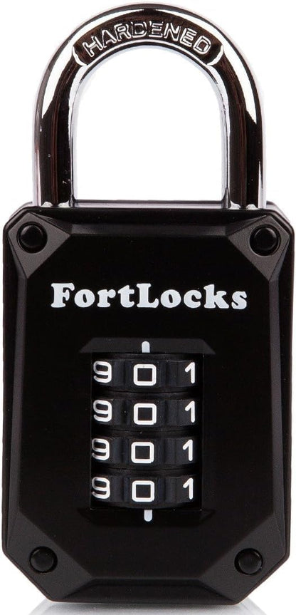 FortLocks Gym Locker Lock - 4 Digit, Heavy Duty, Hardened Stainless Steel, Weatherproof and Outdoor Combination Padlock - Easy to Read Numbers - Resettable and Cut Proof Combo Code - 1 Pack Black
