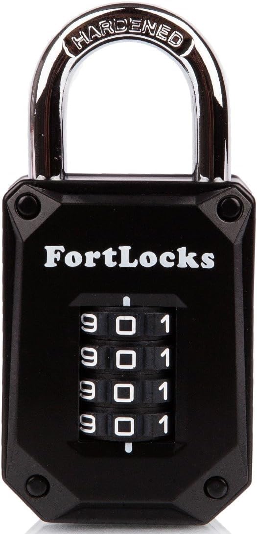 FortLocks Gym Locker Lock - 4 Digit, Heavy Duty, Hardened Stainless Steel, Weatherproof and Outdoor Combination Padlock - Easy to Read Numbers - Resettable and Cut Proof Combo Code - 1 Pack Black