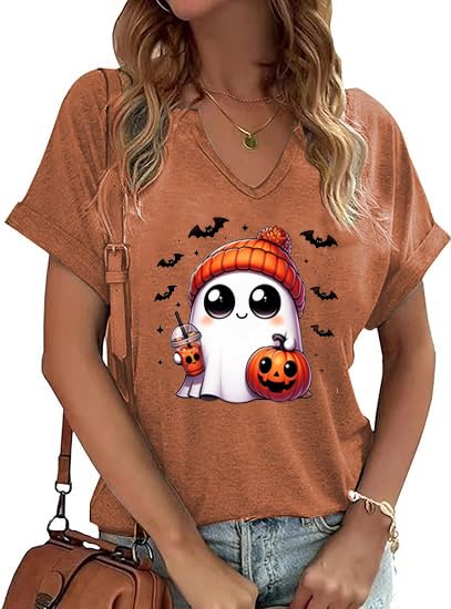 V Neck Fall Shirts for Women Cute Ghost Graphic Shirts Halloween Tops Thanksgiving Tee(THR04BRN,Large)