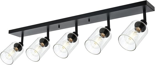 VINLUZ 5 Light Black Bathroom Spotlight Fixture with Rotatable Light Head Indoor Vanity Lighting with Clear Glass Shade Metal Ceiling Mount Fixture