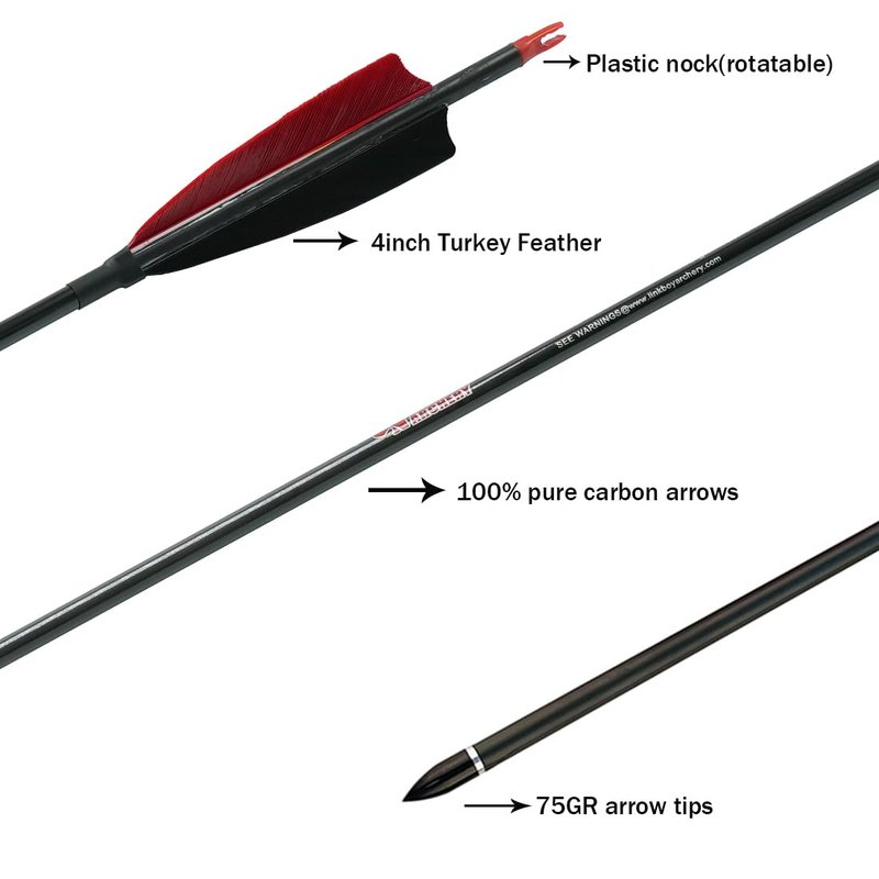 Linkboy Archery Pure Carbon Arrows Spine 300 340 400 500 600 700 800 for Compound Recurve Bow Hunting Shooting Target 12pcs