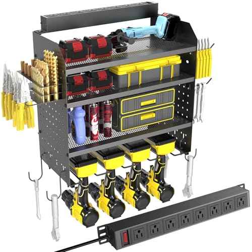 Drill Holder Wall Mount with 8-Outlet Charging Station, 190lbs Load 4 Layers Carbon Steel Heavy Duty Power Tool Organizer Wall Mount for Garage & Workshop, 4 Drill Holders, Modular Pegboard Rack