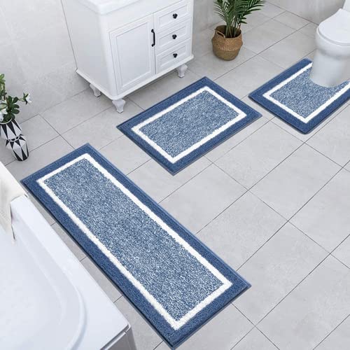 Pauwer Fluffy Bath Mat Sets 3 Piece Washable, Microfiber Non Slip Washable Bath and Pedestal Mat Sets Water Absorbent Bathroom Floor Carpet Rug Shower Rug, Blue