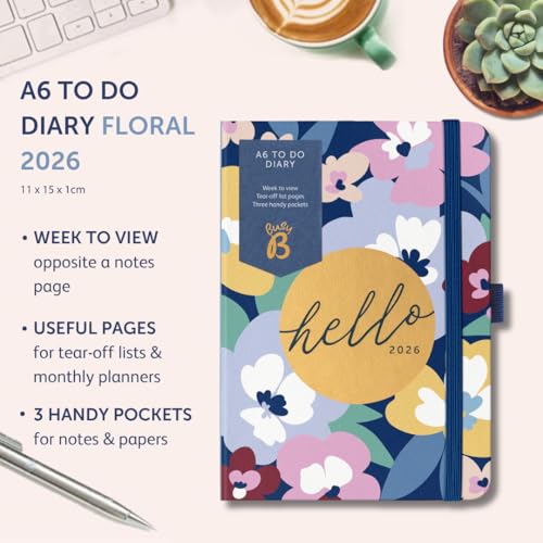Busy B 2026 Diary A6 Weekly Planner with To-Do Lists & Notes Pages – Compact Multicoloured Floral Journal - Week-to-View Layout, 3 Pockets & Year Planner