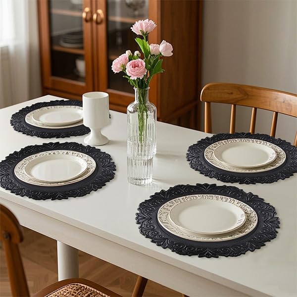 Noctiflorous Round Faux Leather 15 Inch Placemats Set of 6 Waterproof Wipeable Heat Resistant Tablemat for Dining Table Kitchen Non Slip Washable Oilproof Table Place Mat for Indoor Outdoor(Black, 6)