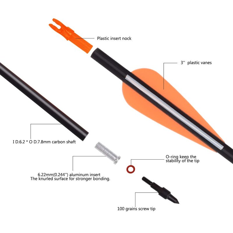 30Inch Carbon Arrow Practice Hunting Arrows Targeting with Removable Tips for Archery Compound & Recurve & Traditional Bow (Pack of 12)