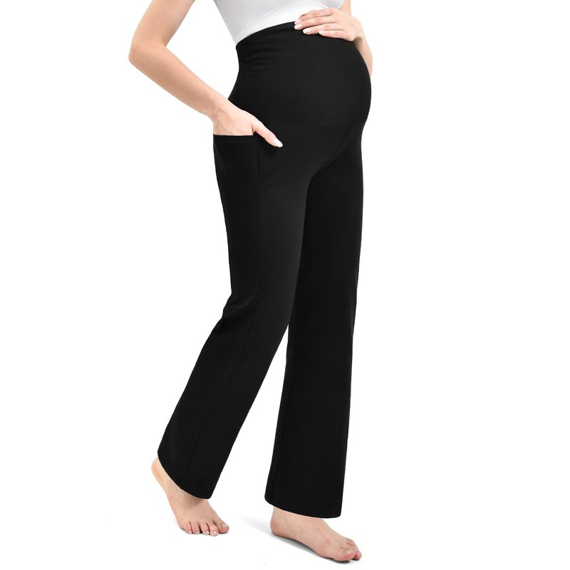 Leafigure Maternity Pants with Pockets Over The Belly Lounge Wide Leg Yoga Pants for Women Pregnancy Black L