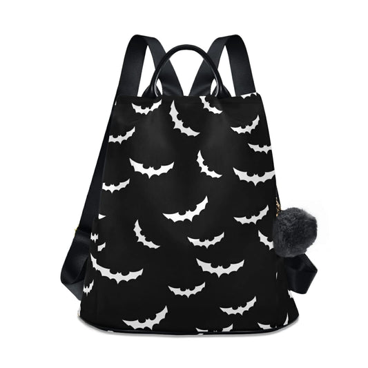 CBBYY Bats Halloween Backpack Purse for Women Nylon Anti-theft Travel Backpack Lightweight Shoulder Bag with Plush Ball Keychain
