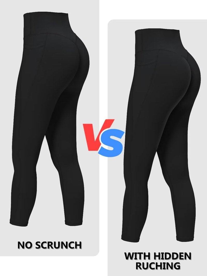 Sunzel Invisible Butt Scrunch Workout Leggings with Pockets for Women, No Front Seam Booty Gym Yoga Pants with Tummy Control 28" Forest Green Large
