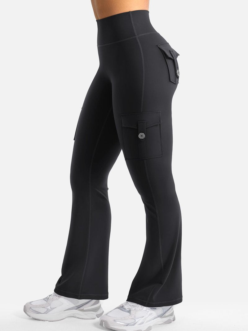 YEOREO CoreFlex Women Workout Flare Leggings with Pockets Scrunch Cargo Gym Yoga Leggings Black XXL