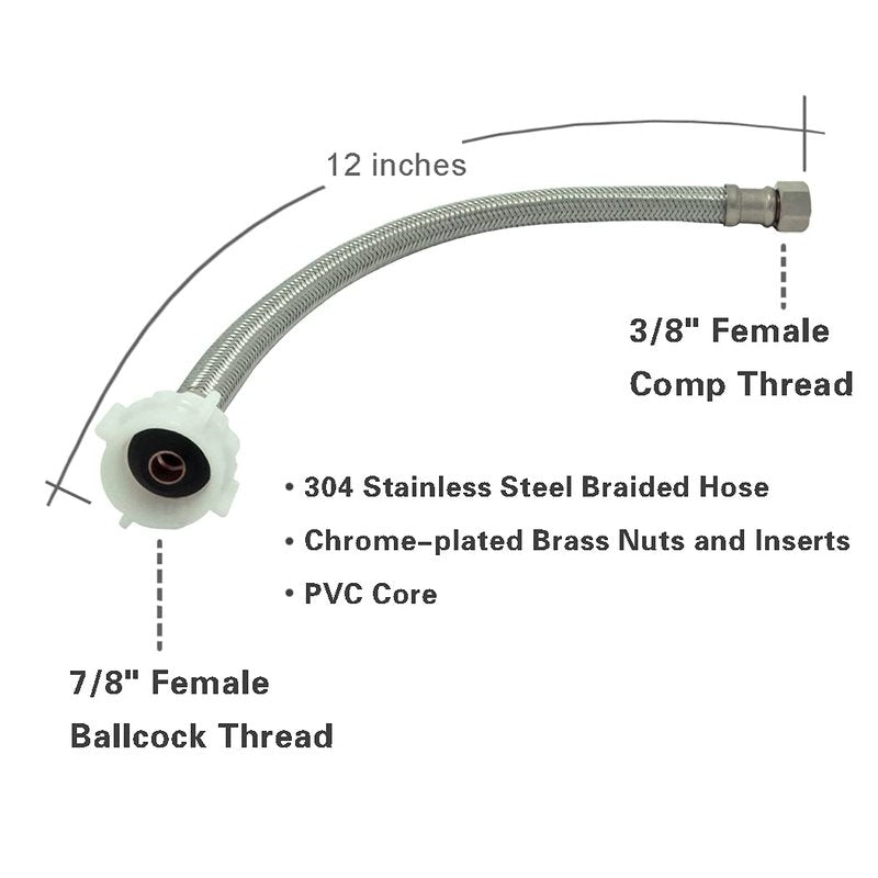 Toilet Connector Water Line Kit with 12" Length Long 3/8" COMP x 7/8" BC Toilet Connector Hose, 1/2 inch NOM Inlet x 3/8 inch OD Compression Outlet Angle Shut Off and Escutcheon Plate