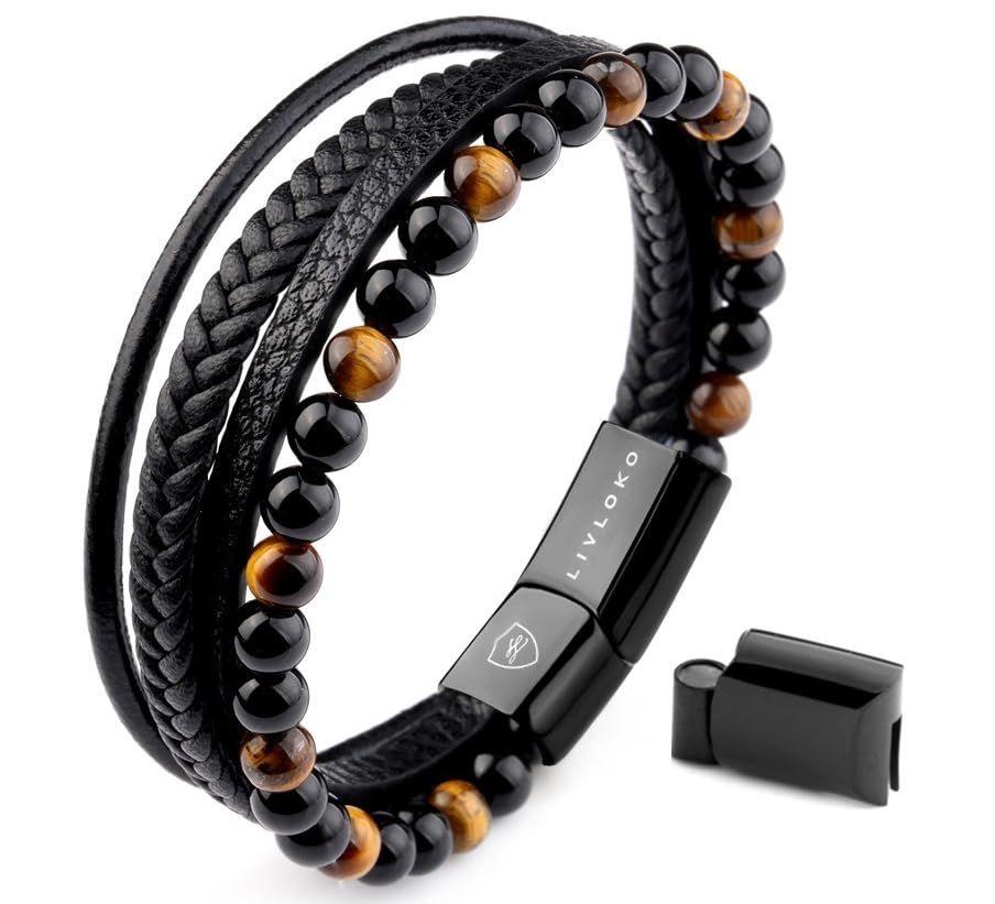 LIVLOKO LONDON Mens Bracelet Leather Black Multi-Layer Tiger Eye Stone Beads Magnetic Adjutable Steel Clasp Viking Rope Bands Surfer Man Wristband Male UK Jewellery Gift box Husband Boyfriend Dad Son