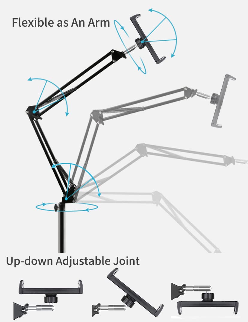 BluuSuuk Tablet Floor Stand with Double Weight Base, Overhead Bed Phone Mount Height Adjustable Arm Stretchable Stand Holder, Compatible with iPad Mini Air Pro, Galaxy Tab, Kindle, Switch, Cell Phones