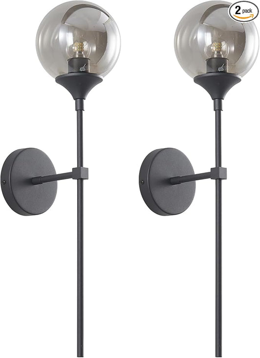 KCO Lighting 1-Light Matte Black Mid Century Wall Sconce Set of Two Modern Bathroom Vanity Globe Wall Light Set of 2 Vintage Smoke Gray Glass Wall Bedroom Wall Lamp