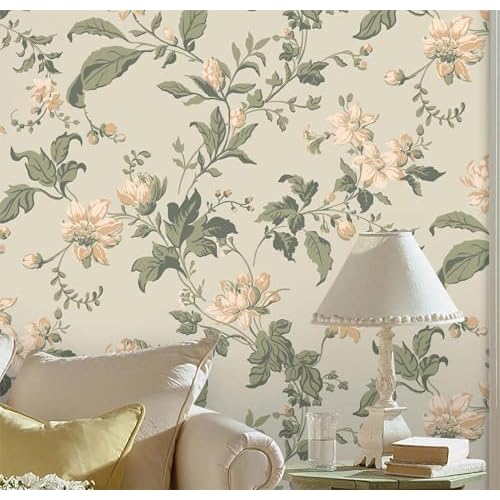 GloryTik Floral Peel and Stick Wallpaper - Vintage Leaf Contact Paper, Beige/Green, Self Adhesive, Removable for Bedroom, 17.3"x118"