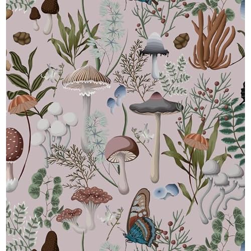 EeeComing Mushroom Peel and Stick Wallpaper Pink Mushroom Wall Paper Fairytale Forest 78.7''x16.14'' Removable Wallpaper Room Bookcase Bathroom Self Adhesive Vinyl