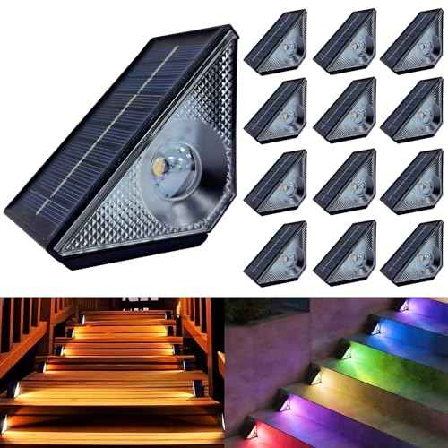 Solar Step Lights, 12 Pack Solar Stair Lights Outdoor Waterproof, Warm White/7 RGB Colors LED Outdoor Deck Light, Outside Light Decor for Garden Stair, Deck, Front Step, Front Porch, and Patio