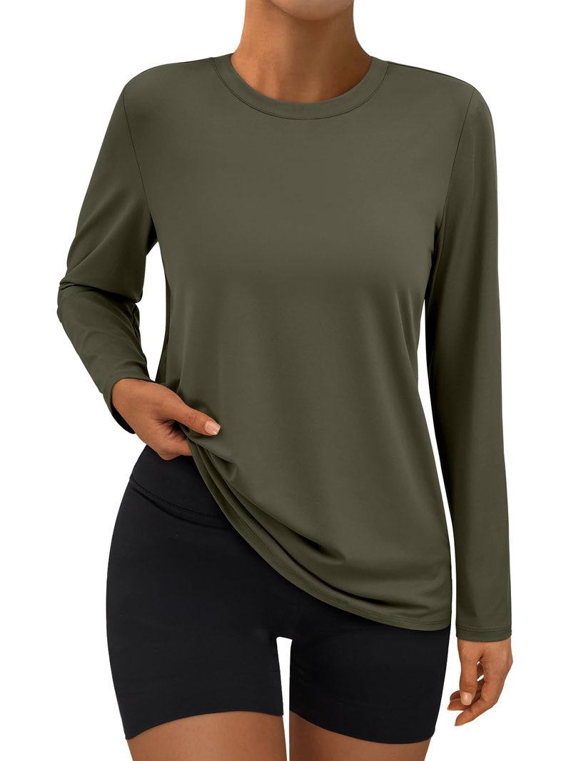 AUTOMET Women's Long Sleeve Workout Tops UPF 50+ Sun Shirts UV Protection for Running Hiking Quick Dry Rash Guard Army Green M
