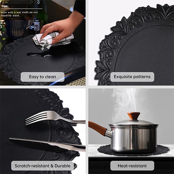 Noctiflorous Round Faux Leather 15 Inch Placemats Set of 6 Waterproof Wipeable Heat Resistant Tablemat for Dining Table Kitchen Non Slip Washable Oilproof Table Place Mat for Indoor Outdoor(Black, 6)