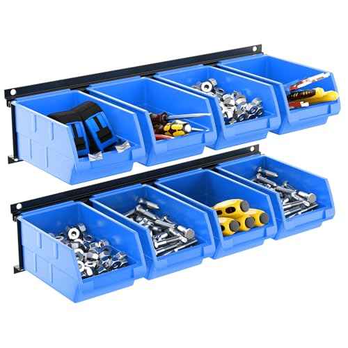 TORACK Wall-Mounted Storage Bins - 8 Plastic Bins & 2 Metal Tracks for Tools Organization in Garage, Craft Room, and Shop(Blue)