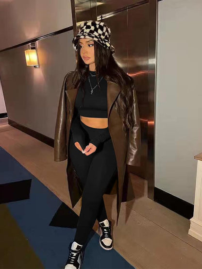 GOKATOSAU Women's Sexy 2 Piece Outfits Long Sleeve Crop Top Pants Set Club Jumpsuits Black