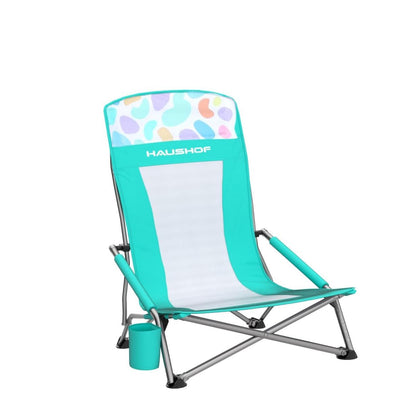 HAUSHOF High Back Beach Chair, Mesh Back Folding Chair, Lightweight Low Seat Camping Chairs with Cup Holder, Carry Bag, Padded Armrest for Outdoor Beach Lawn Camping Picnic Festival