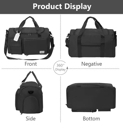 Lightweight Travel Gym Duffel - Foldable Overnight Holdall Bag for Women with Wet/Dry Separation - Cabin Bag for Sports & Travel - Black