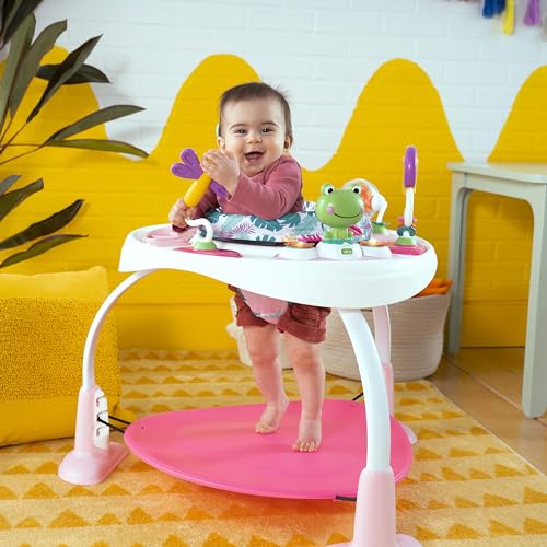 Bright Starts, Bounce Bounce Baby 2-in-1 Activity Center Jumper and Table - Playful Palms with 7 Interactive Toys, Adjustable Height, Storage Bag, 360° Rotation, Ages 6 Months +, Pink